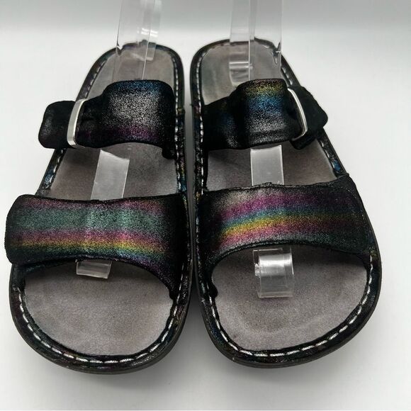 Alegria Karmen Black Metallic Rainbow Leather Slip On Slide Platform Sandals 38 - Picture 3 of 13